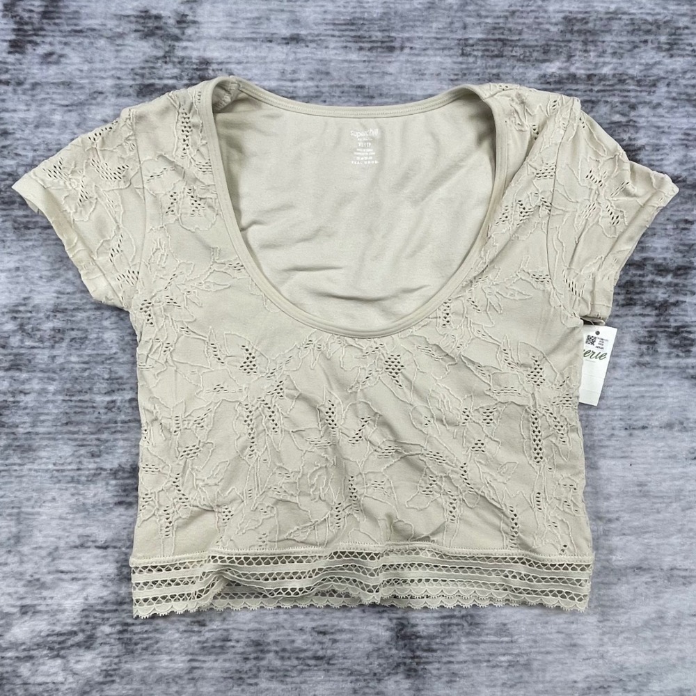 NWT Aerie Superchill Beige Floral Lace Scoop Neck Crop Top XS 4193-4291-3806